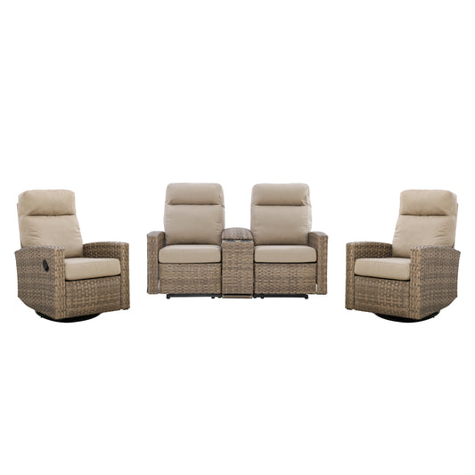 Newport Outdoor Wicker Reclining Console Loveseat Conversation Set with a pair of Recliners in Sunbrella® Spectrum Mushroom | Outdoor Set