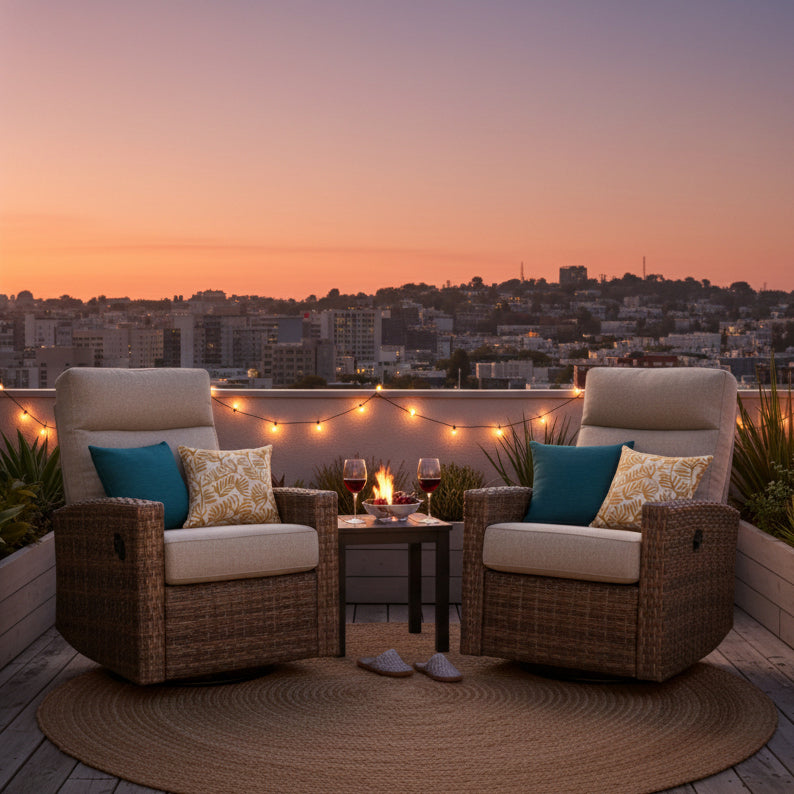 Newport bistro set on a rooftop terrace at dusk with string lights and a city view