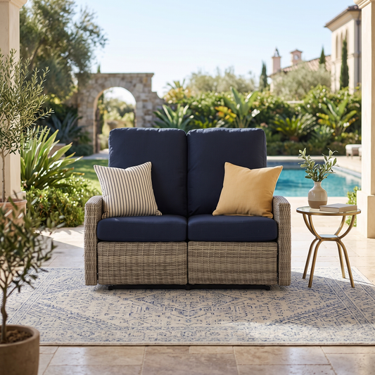 Keywest Outdoor Wicker Loveseat Reclining Sofa in Sunbrella® Canvas Navy | Outdoor Sofa