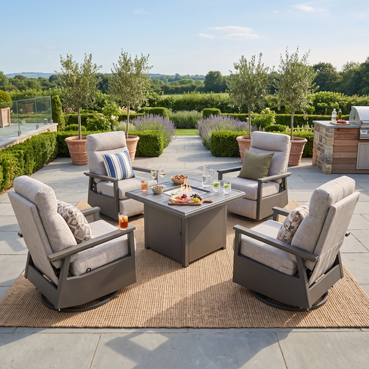 Huntington Outdoor Firepit Set | 4PC Aluminum Swivel Glider Recliners with Firepit Table