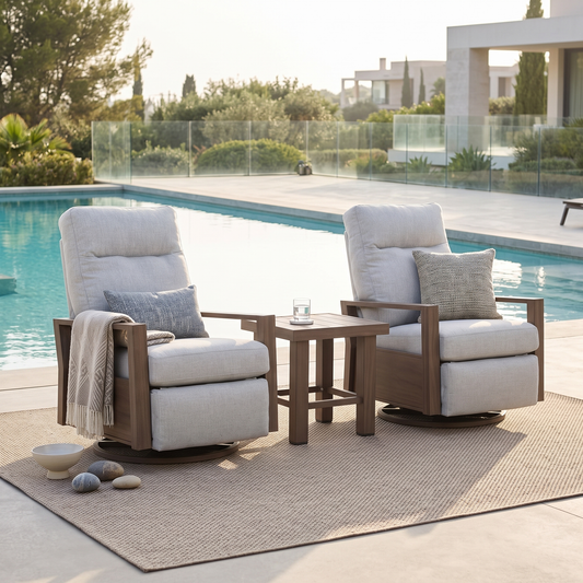 Shoreline Aluminum Outdoor 2PC Swivel Glider Recliner in Steeple Gray and Side Table | Outdoor Bistro Set