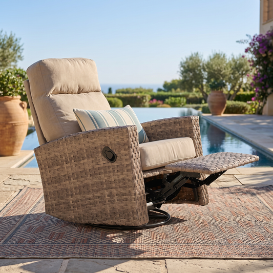 Newport Wicker Outdoor Swivel Glider Recliner in Sunbrella® Spectrum Mushroom