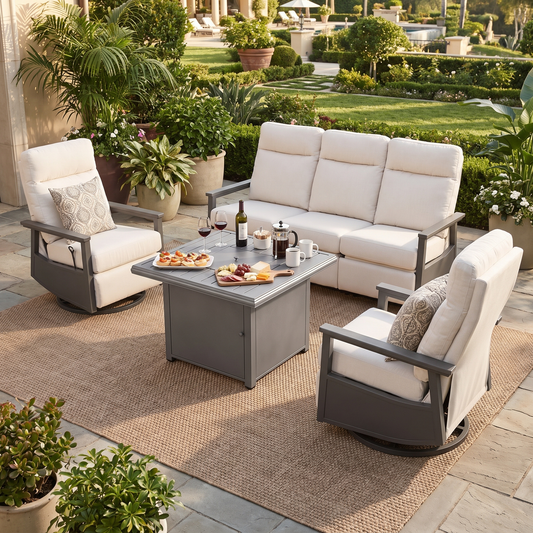 Huntington 5-Seat Patio Aluminum Reclining Sofa Firepit Conversation Set with Pair of Recliners in Sunbrella® Canvas Canvas