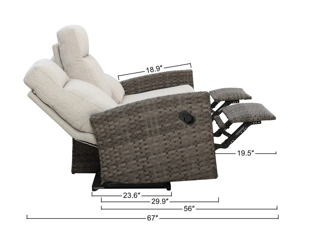 Malibu II Three-Seat Outdoor Wicker Reclining Sofa in Sunbrella® Canvas Taupe — Outdoor Nook USA - size