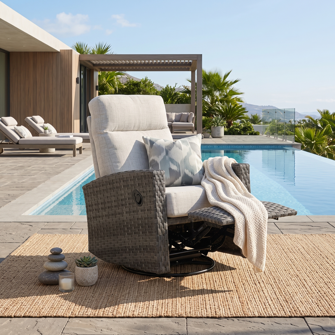 Malibu II wicker swivel glider recliner on a patio