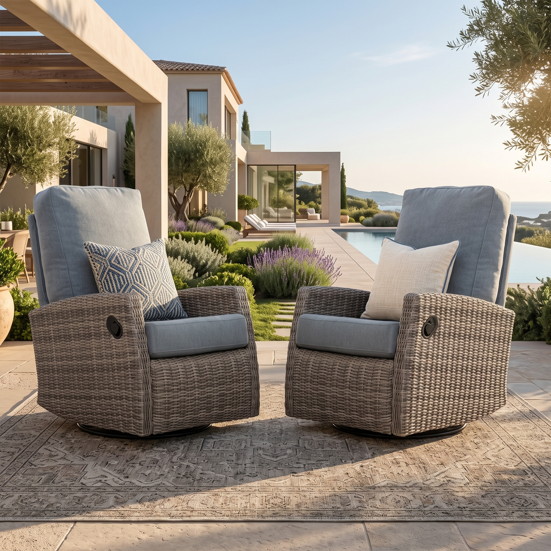 Pair of Keywest wicker swivel glider recliners on a terrace