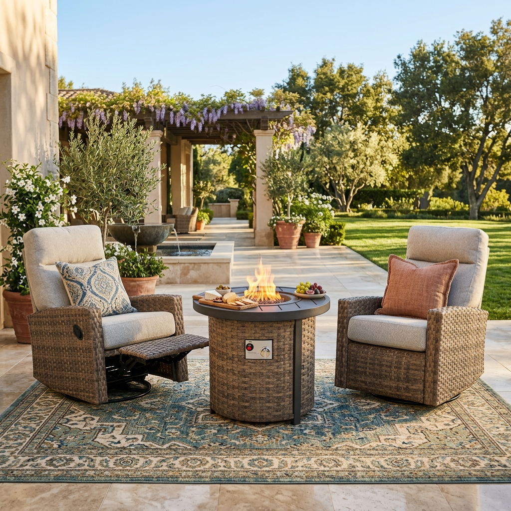 Newport wicker swivel glider recliners and a fire pit table on a small garden patio