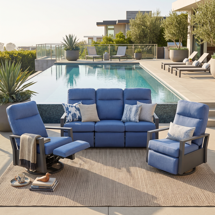 Huntington 4-Seat Reclining Loveseat Firepit Conversation Set in Sunbrella Canvas