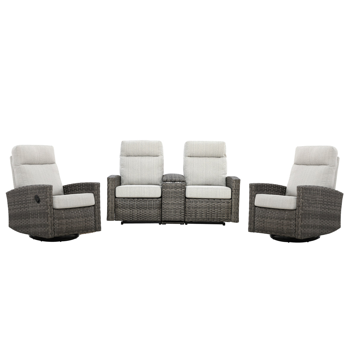 Malibu II Outdoor Wicker Reclining Console Loveseat Conversation Set with a pair of Recliners | Outdoor Set