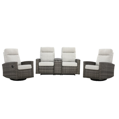 Malibu II Outdoor Wicker Reclining Console Loveseat Conversation Set with a pair of Recliners | Outdoor Set