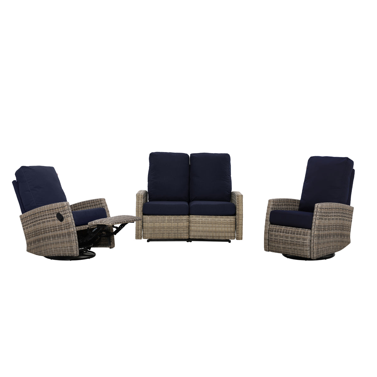 Keywest Outdoor Wicker Reclining Loveseat Conversation Set with a pair of recliners in Sunbrella® Navy | Outdoor Sofa Set