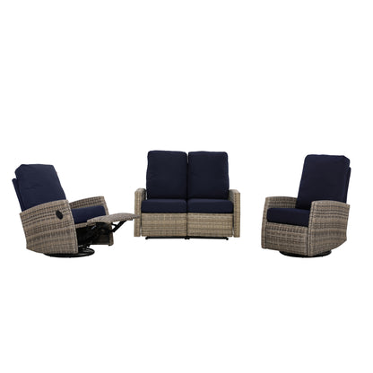 Keywest Outdoor Wicker Reclining Loveseat Conversation Set with a pair of recliners in Sunbrella® Navy | Outdoor Sofa Set