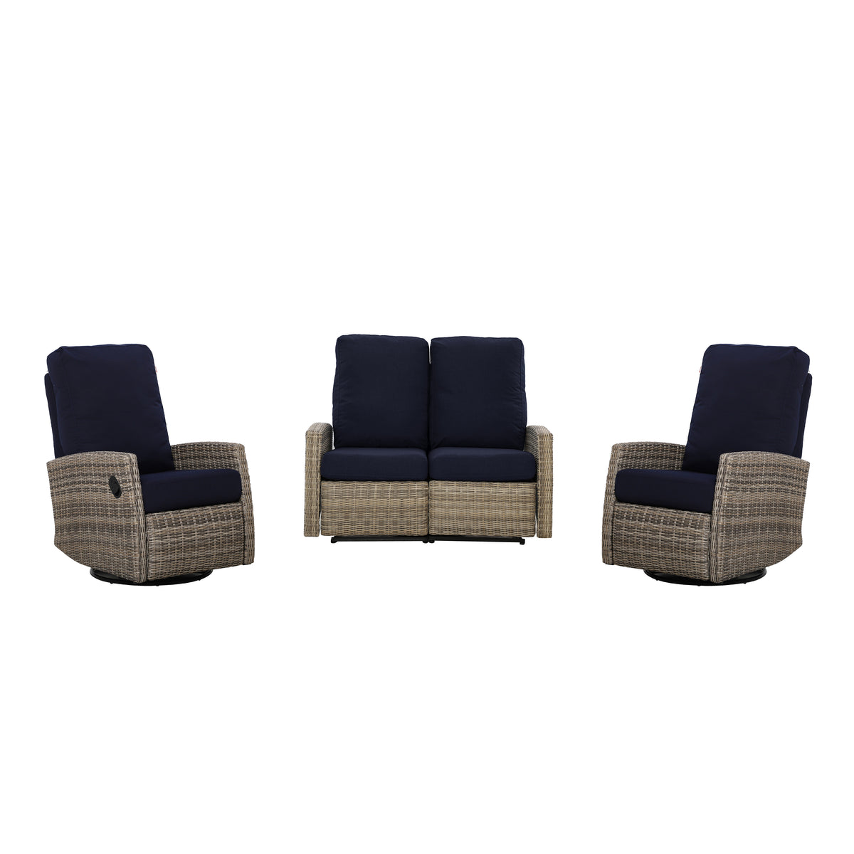Keywest Outdoor Wicker Reclining Loveseat Conversation Set with a pair of recliners in Sunbrella® Navy | Outdoor Sofa Set