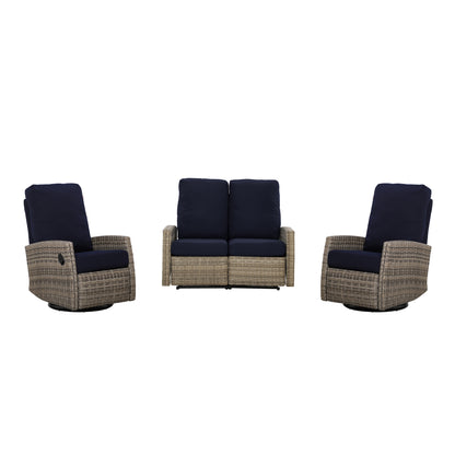 Keywest Outdoor Wicker Reclining Loveseat Conversation Set with a pair of recliners in Sunbrella® Navy | Outdoor Sofa Set