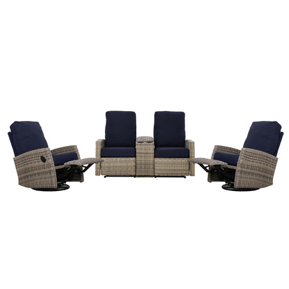 Keywest Outdoor Wicker Reclining Console Loveseat Conversation Set with a pair of recliners in Sunbrella® Navy | Outdoor Sofa Set