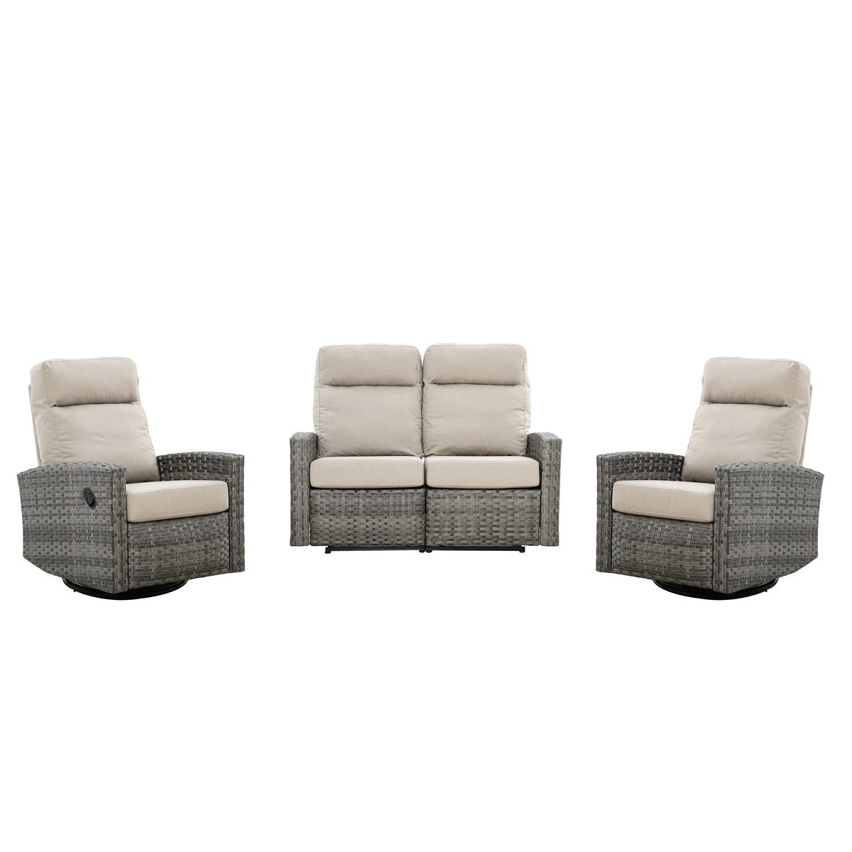 Malibu II Outdoor Wicker Reclining Loveseat Conversation Set with a pair of Recliners in Sunbrella® Canvas Taupe | Outdoor Set