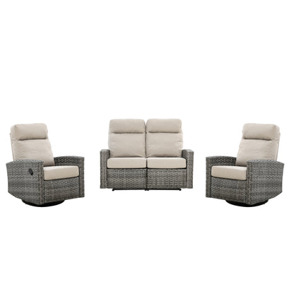 Malibu II Outdoor Wicker Reclining Loveseat Conversation Set with a pair of Recliners in Sunbrella® Canvas Taupe | Outdoor Set