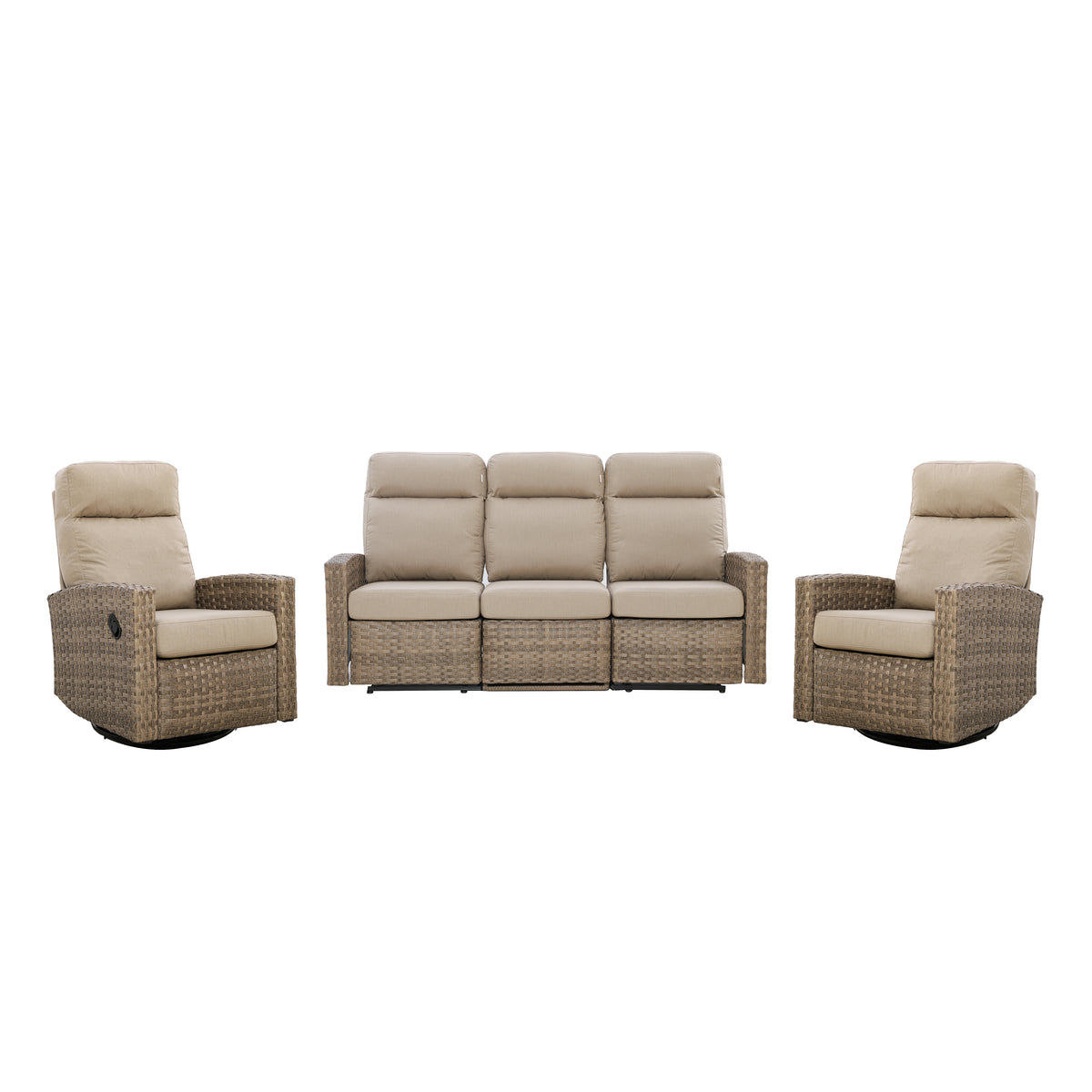 Newport Outdoor Wicker Reclining Sofa Conversation Set with a pair of Recliners in Sunbrella® Spectrum Mushroom | Outdoor Set