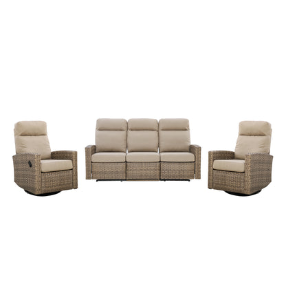 Newport Outdoor Wicker Reclining Sofa Conversation Set with a pair of Recliners in Sunbrella® Spectrum Mushroom | Outdoor Set
