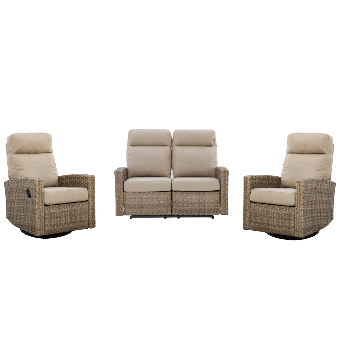 Newport Outdoor Wicker Reclining Loveseat Conversation Set with a pair of Recliners in Sunbrella® Spectrum Mushroom | Outdoor Set