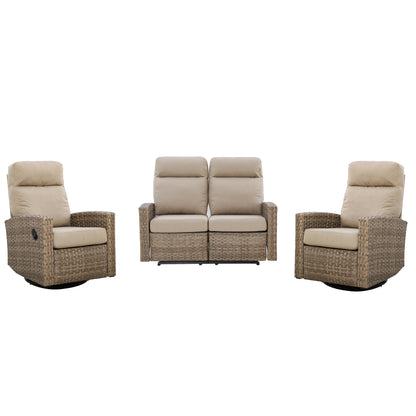 Newport Outdoor Wicker Reclining Loveseat Conversation Set with a pair of Recliners in Sunbrella® Spectrum Mushroom | Outdoor Set