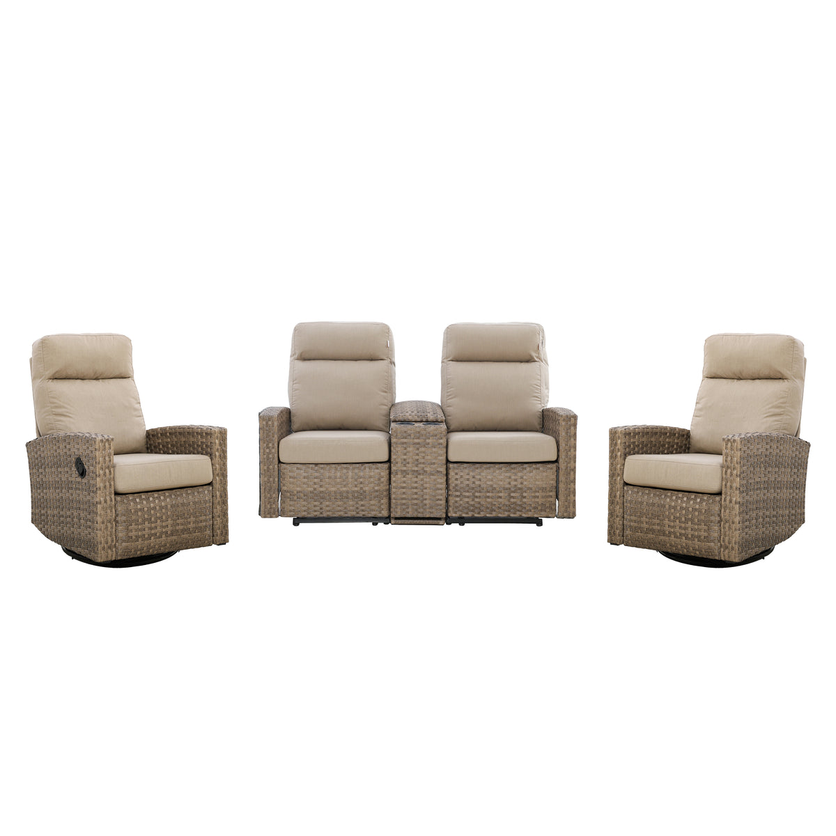 Newport Outdoor Wicker Reclining Console Loveseat Conversation Set with a pair of Recliners in Sunbrella® Spectrum Mushroom | Outdoor Set