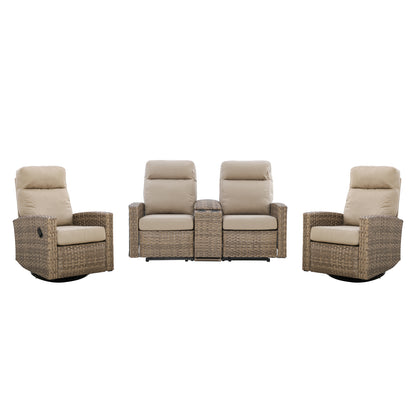 Newport Outdoor Wicker Reclining Console Loveseat Conversation Set with a pair of Recliners in Sunbrella® Spectrum Mushroom | Outdoor Set