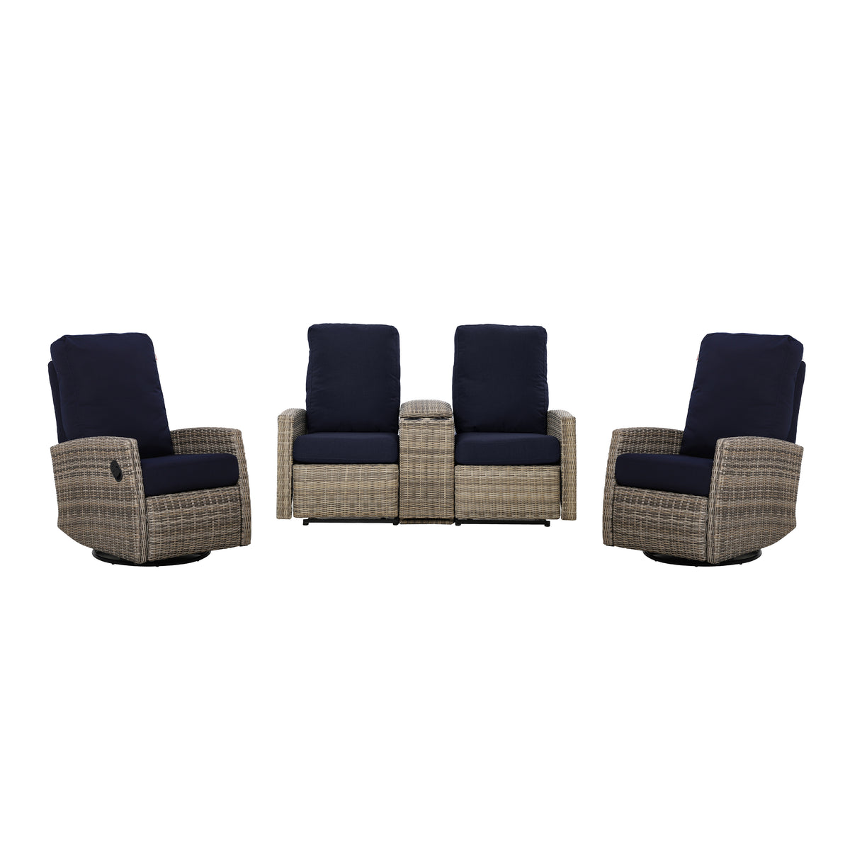 Keywest Outdoor Wicker Reclining Console Loveseat Conversation Set with a pair of recliners in Sunbrella® Navy | Outdoor Sofa Set