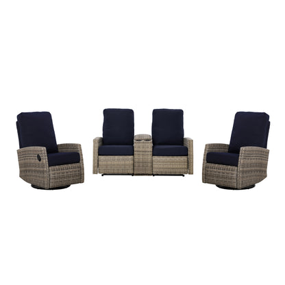 Keywest Outdoor Wicker Reclining Console Loveseat Conversation Set with a pair of recliners in Sunbrella® Navy | Outdoor Sofa Set