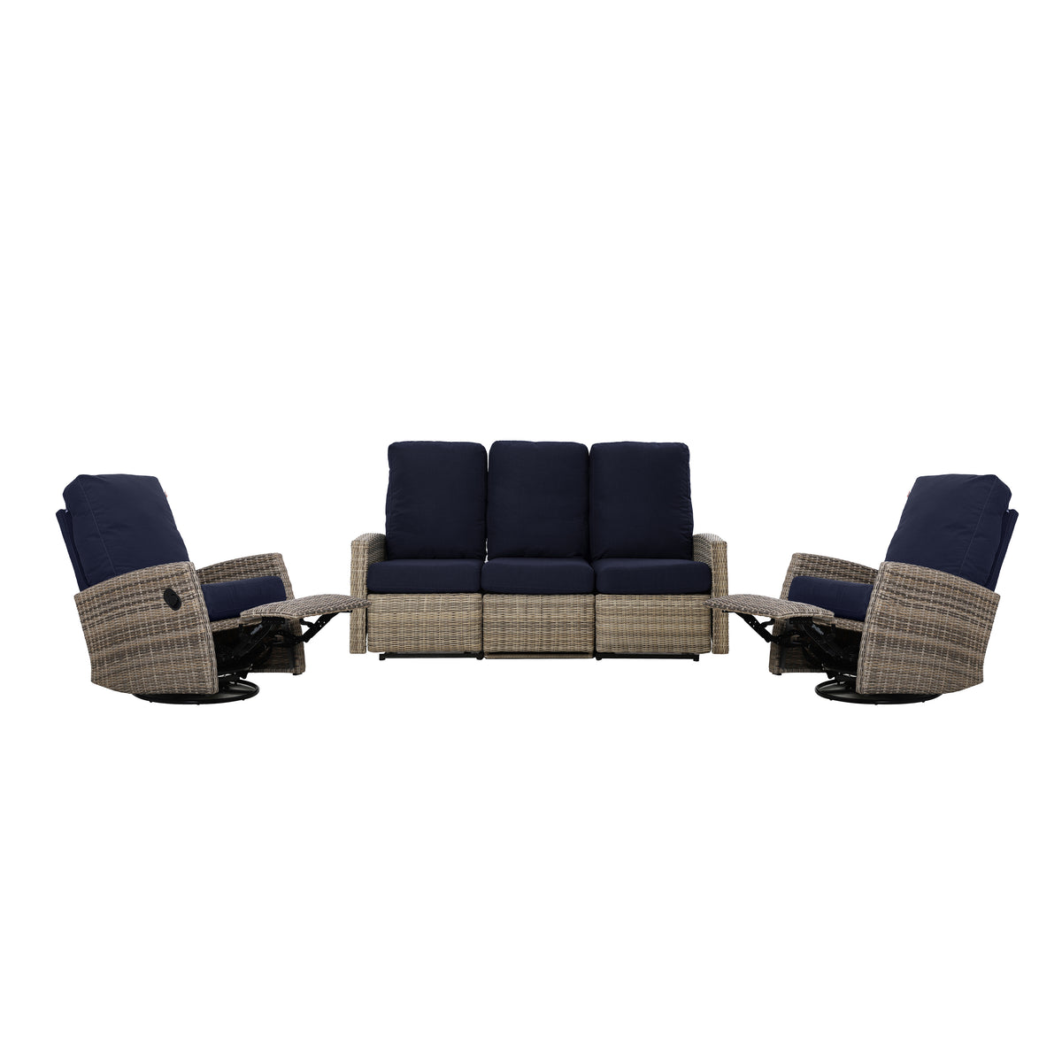Keywest Outdoor Wicker Reclining Sofa Conversation Set with a pair of recliners in Sunbrella® Navy | Outdoor Sofa Set