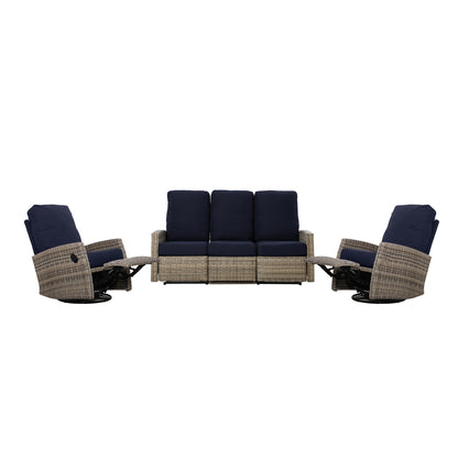 Keywest Outdoor Wicker Reclining Sofa Conversation Set with a pair of recliners in Sunbrella® Navy | Outdoor Sofa Set