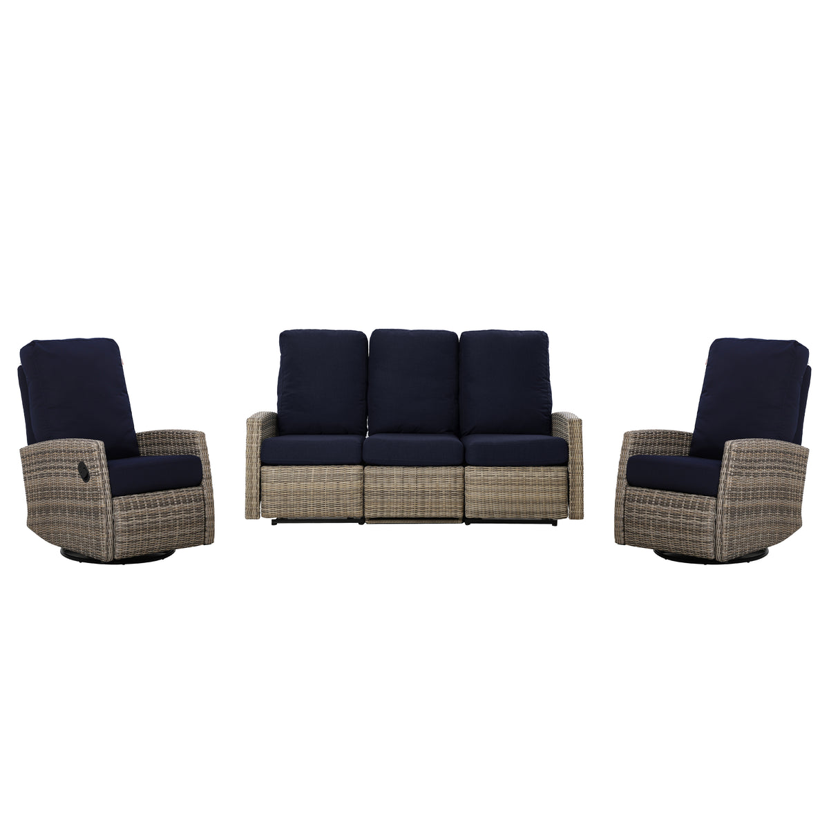 Keywest Outdoor Wicker Reclining Sofa Conversation Set with a pair of recliners in Sunbrella® Navy | Outdoor Sofa Set