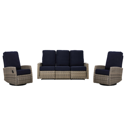 Keywest Outdoor Wicker Reclining Sofa Conversation Set with a pair of recliners in Sunbrella® Navy | Outdoor Sofa Set
