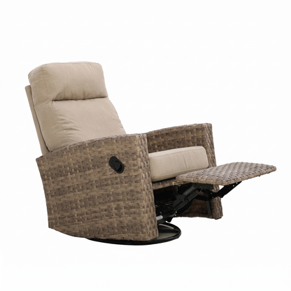 Newport Wicker Outdoor 2PC Swivel Glider Recliner in Sunbrella® Spectrum Mushroom and Side Table | Outdoor Bistro Set