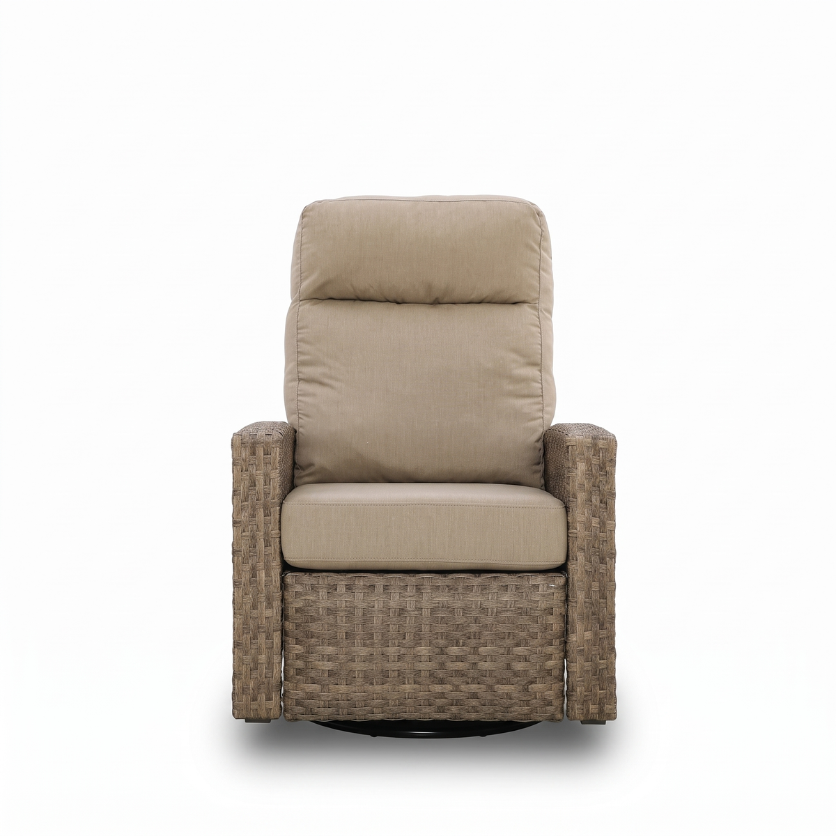 Newport Wicker Outdoor 2PC Swivel Glider Recliner in Sunbrella® Spectrum Mushroom and Side Table | Outdoor Bistro Set