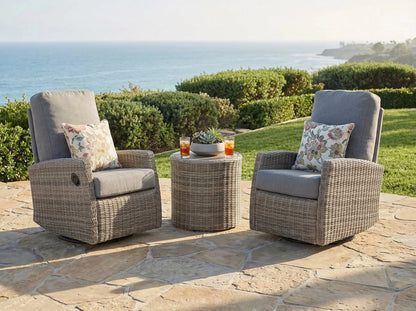 Keywest Wicker Outdoor Swivel Glider Recliner Bistro Set  | Patio Lounge Chair x 2  with Matching Side Table