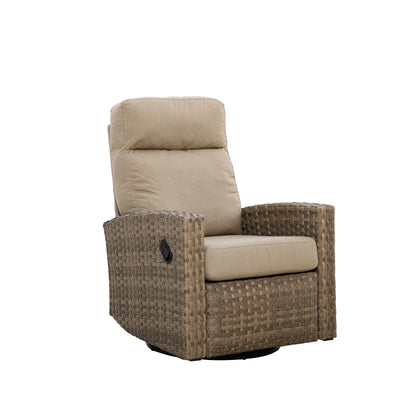 Newport Wicker Outdoor 2PC Swivel Glider Recliner in Sunbrella® Spectrum Mushroom and Side Table | Outdoor Bistro Set