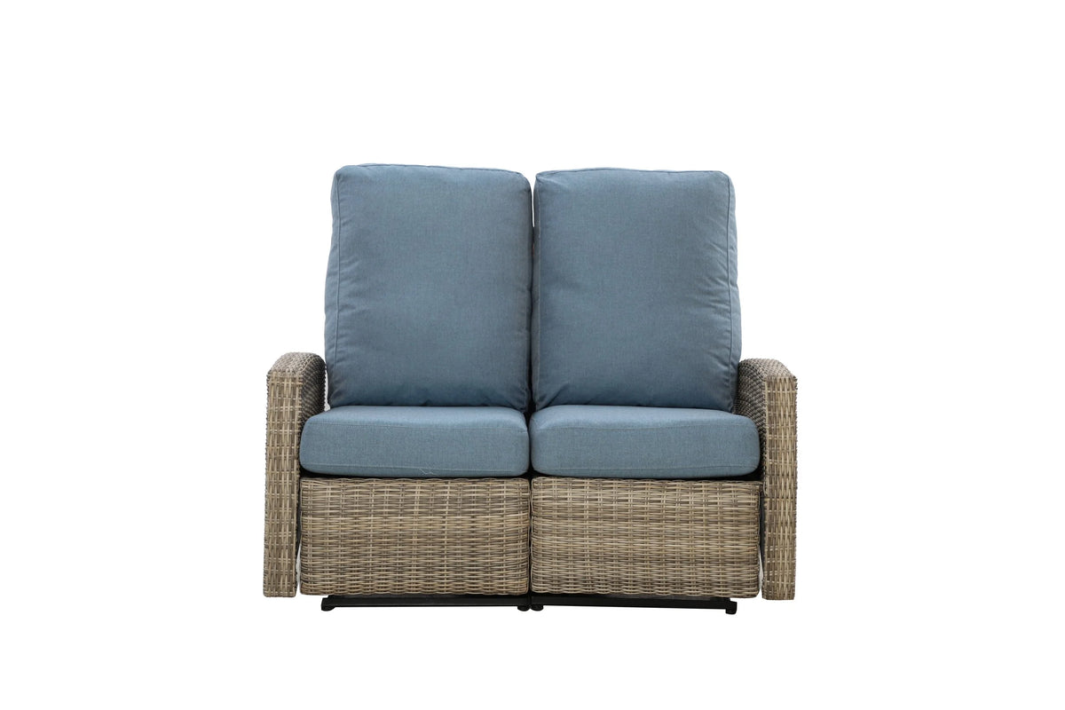 Keywest Outdoor Wicker Reclining Loveseat Conversation Set with a pair of recliners- Dove Grey & Carolina Blue