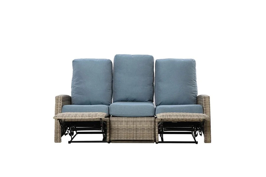 Keywest Three-Seat Outdoor Wicker Reclining Sofa - Dove Grey & Carolina Blue