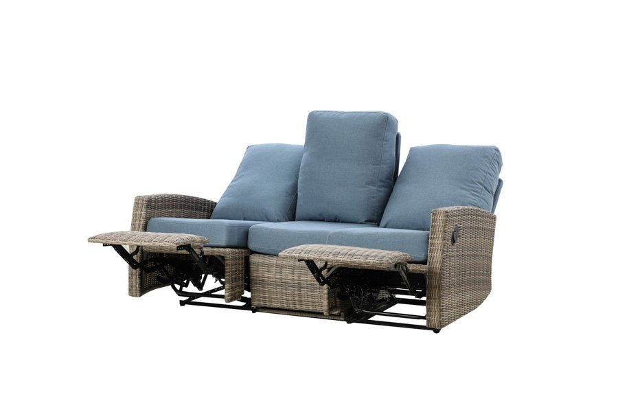 Keywest Three-Seat Outdoor Wicker Reclining Sofa - Dove Grey & Carolina Blue