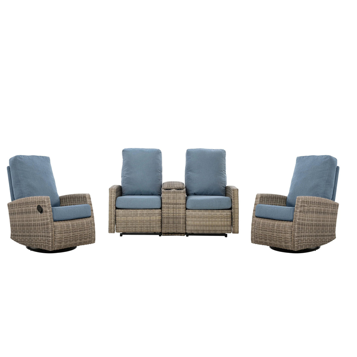 Keywest Outdoor Wicker Reclining Console Loveseat Conversation Set with a pair of recliners- Dove Grey & Carolina Blue