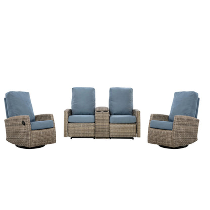 Keywest Outdoor Wicker Reclining Console Loveseat Conversation Set with a pair of recliners- Dove Grey & Carolina Blue