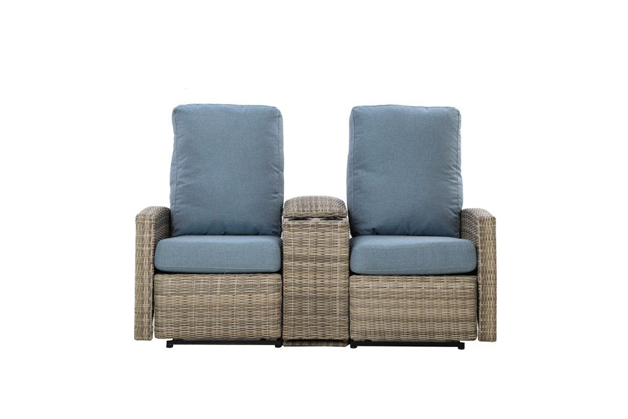 Keywest Outdoor Wicker Reclining Loveseat Sofa with Console - Dove Grey & Carolina Blue