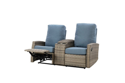 Keywest Outdoor Wicker Reclining Loveseat Sofa with Console - Dove Grey & Carolina Blue