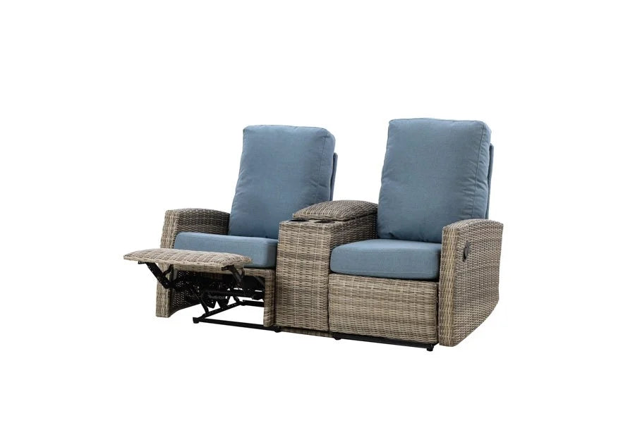 Keywest Outdoor Wicker Reclining Console Loveseat Conversation Set with a pair of recliners- Dove Grey & Carolina Blue