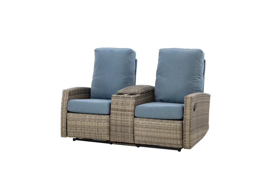 Keywest Outdoor Wicker Reclining Console Loveseat Conversation Set with a pair of recliners- Dove Grey & Carolina Blue