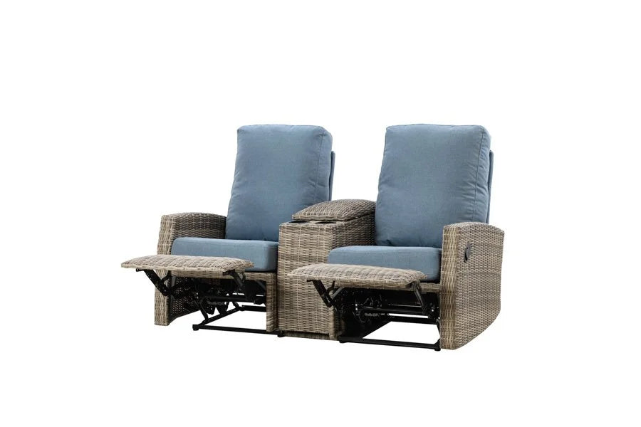 Keywest Outdoor Wicker Reclining Console Loveseat Conversation Set with a pair of recliners- Dove Grey & Carolina Blue
