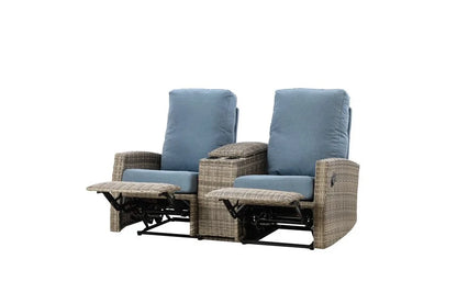 Keywest Outdoor Wicker Reclining Console Loveseat Conversation Set with a pair of recliners- Dove Grey & Carolina Blue