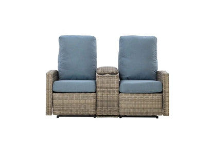 Keywest Outdoor Wicker Reclining Console Loveseat Conversation Set with a pair of recliners- Dove Grey & Carolina Blue