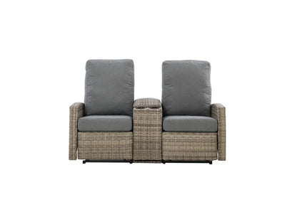 Keywest Outdoor Wicker Reclining Console Loveseat Conversation Set with a pair of recliners- Dove Grey & Carolina Blue